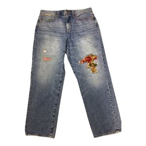 Upcycled J.Crew Blue Distressed Jeans with Floral Patch OOAK Hand Embroidered